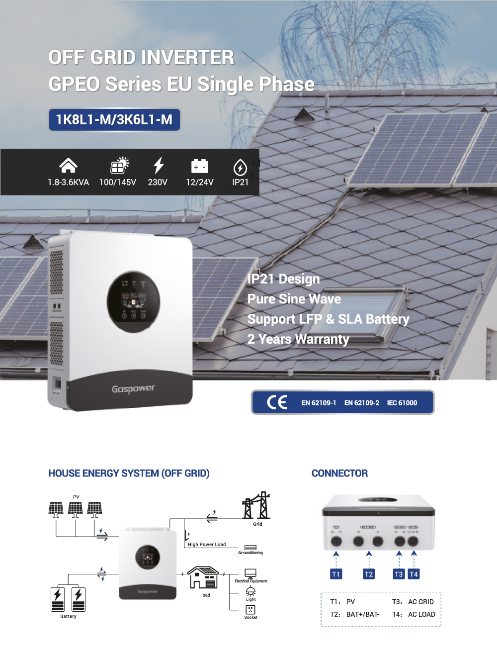 Inversor GOSPOWER 12V 1800W con cargador solar MPPT de 20A