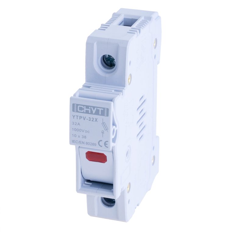 Portafusible DC 1000VDC 10x38 para protección contra sobrecorrientes en sistemas fotovoltaicos.