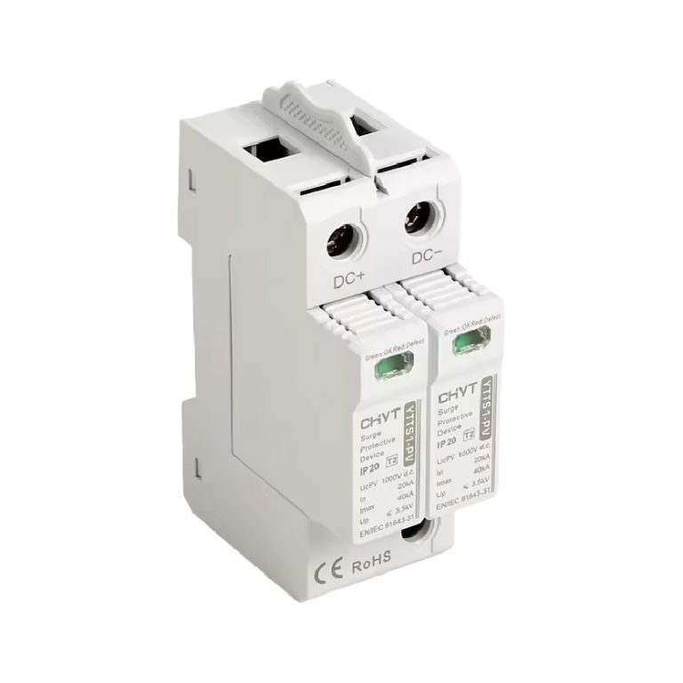 Protección contra sobretensiones 2P para sistemas solares DC 600VDC 20kA-40kA, diseñada para evitar daños por picos de voltaje.