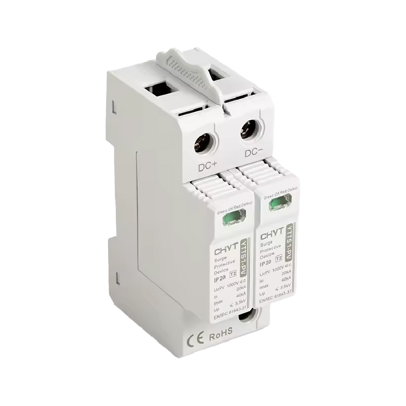 Protección contra sobretensiones 2P para sistemas solares DC 600VDC 20kA-40kA, diseñada para evitar daños por picos de voltaje.