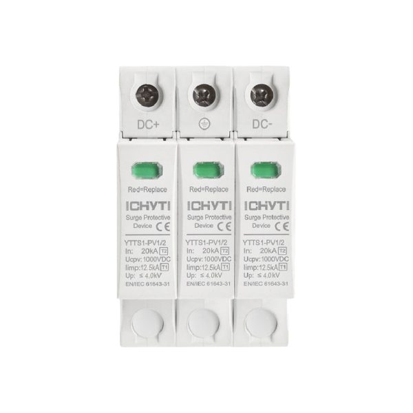Protección contra sobretensiones 3P para sistemas solares DC 1000VDC 20kA-40kA, protegiendo tus paneles e inversores de picos de voltaje.