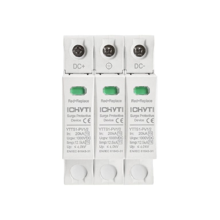 Protección contra sobretensiones 3P para sistemas solares DC 1000VDC 20kA-40kA, protegiendo tus paneles e inversores de picos de voltaje.
