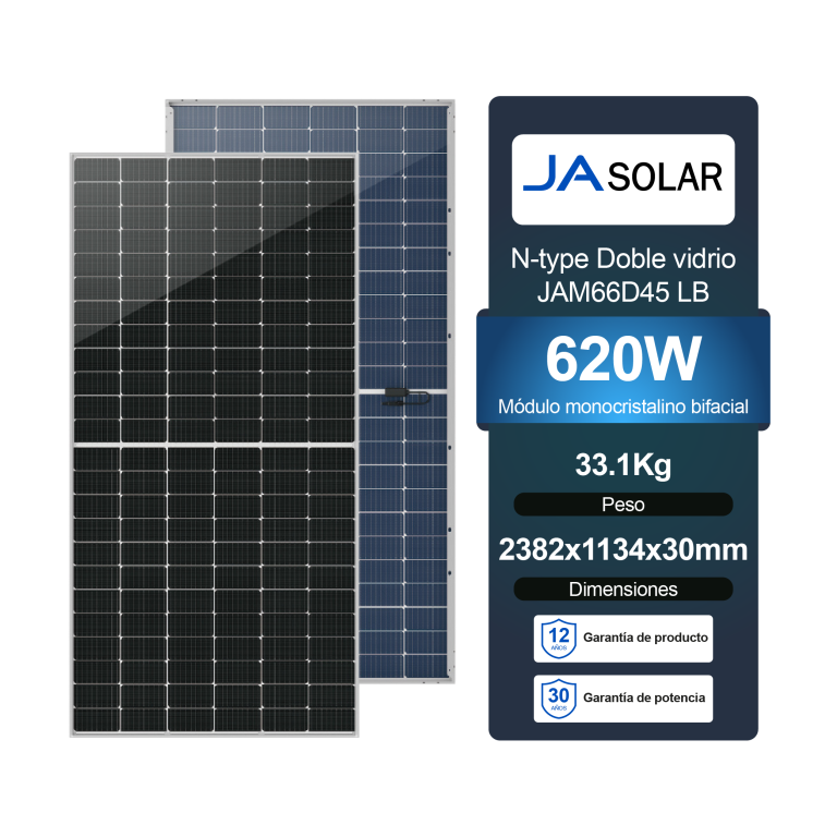 Panel Solar 620W Bifacial JA Solar, tecnología monocristalina de alta eficiencia para máxima captación de energía.