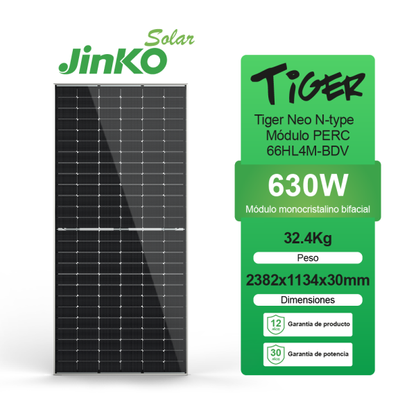 Panel Solar 630W Jinko Bifacial N Type instalado para sistema fotovoltaico de alta eficiencia.