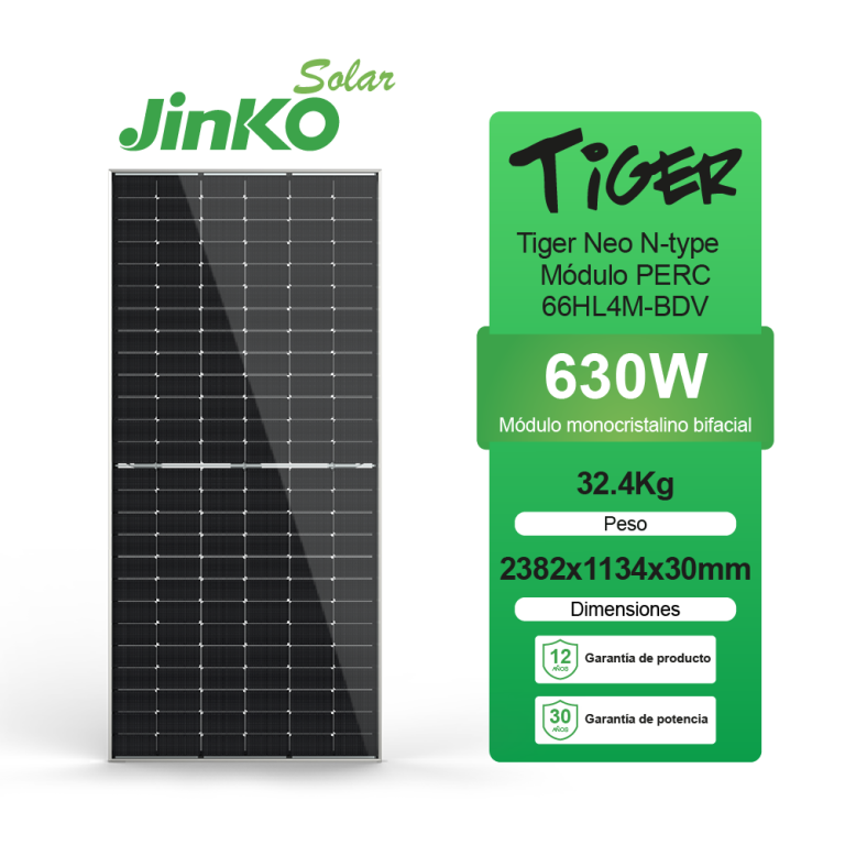 Panel Solar 630W Jinko Bifacial N Type instalado para sistema fotovoltaico de alta eficiencia.