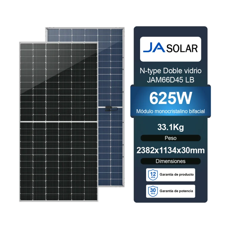 Panel Solar 625W Bifacial JA Solar, tecnología monocristalina de alta eficiencia para máxima captación de energía.